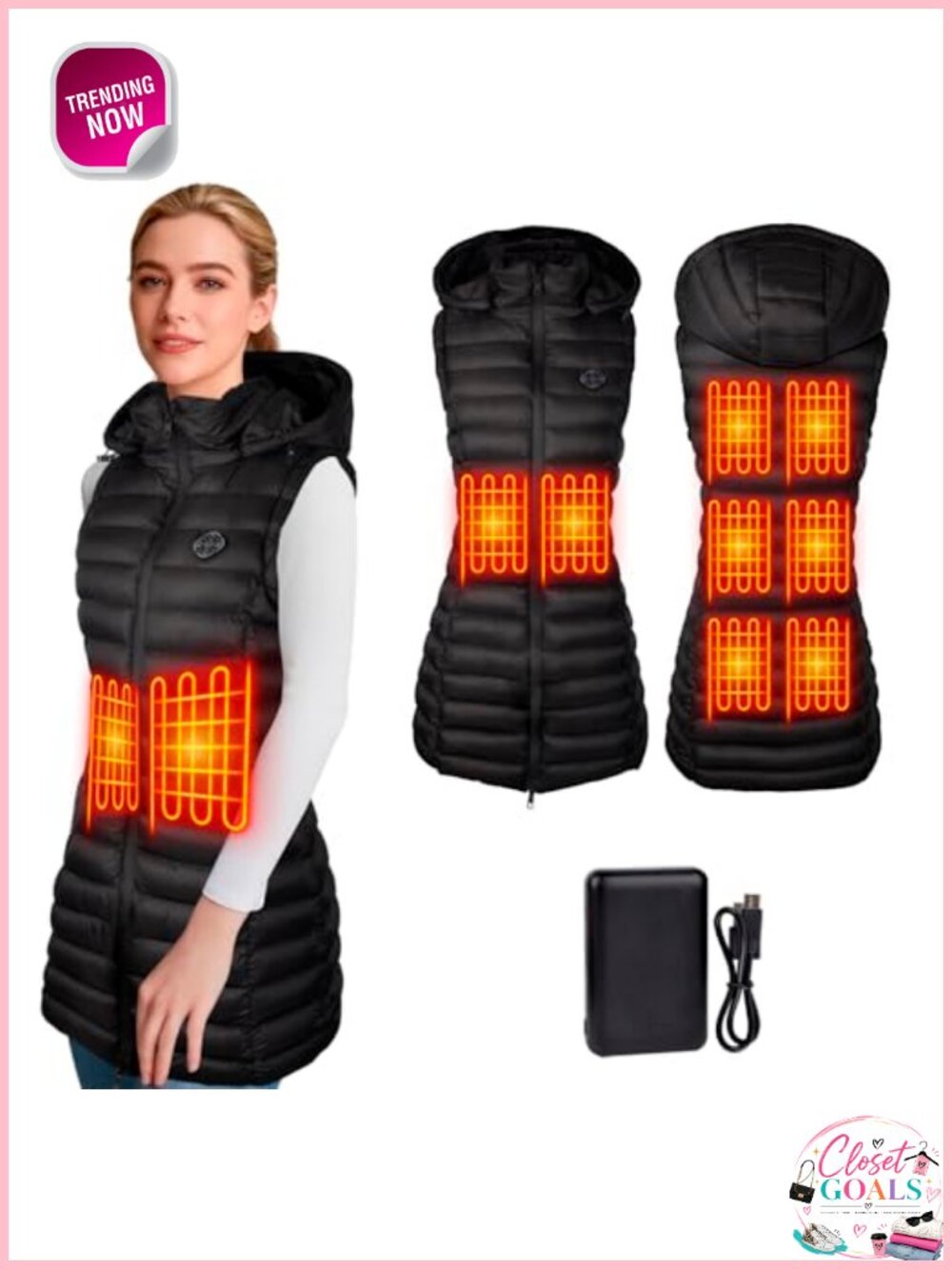 Heated Puffer Vest Sleeveless with Battery Pack 8 Heating Zones Hooded